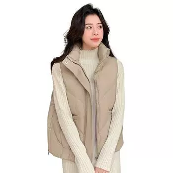 Женская однотонная утепленная верхняя одежда на осень-зиму с хлопковой подкладкой, воротником-стойкой, без рукавов, теплая куртка на молнии с карманами, жилет M коричневый