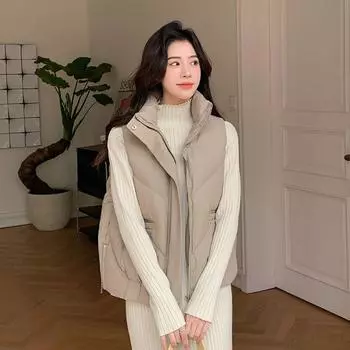 Женская однотонная утепленная верхняя одежда на осень-зиму с хлопковой подкладкой, воротником-стойкой, без рукавов, теплая куртка на молнии с карманами, жилет M хаки