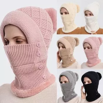 Женская однотонная утолщенная теплая ветрозащитная шерстяная шапка с ушками One Size бежевый