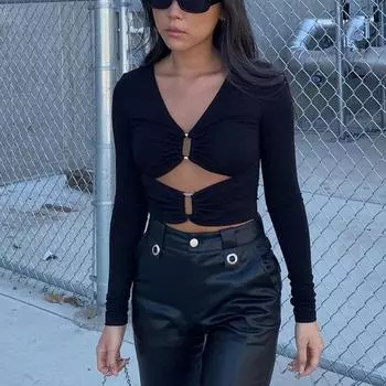 Женская однотонная узкая футболка с v-образным вырезом и длинными рукавами, металлическая укороченная тонкая футболка, женская уличная одежда S чёрный