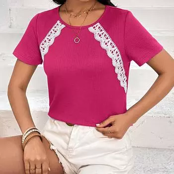 Женская однотонная вафельная футболка, повседневная, с круглым вырезом и коротким рукавом, футболки, топ для женщин S розы красного