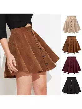 Женская однотонная вельветовая юбка, модная милая однорядная юбка-зонтик с высокой талией и пуговицами для женщин S чёрный