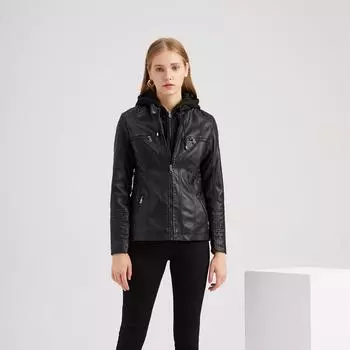 Женская однотонная вязаная куртка с капюшоном из искусственной кожи с длинным рукавом на молнии и верхняя одежда S чёрный