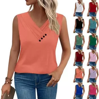 Женская однотонная жилетка, летняя футболка на пуговицах с V-образным вырезом, без рукавов, свободный модный топ L армия зеленый