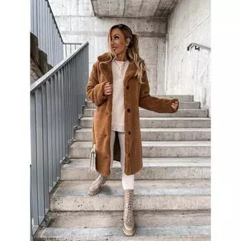 Женская однотонная зимняя плюшевая куртка с длинными рукавами и лацканами больших размеров 4XL абрикосовый