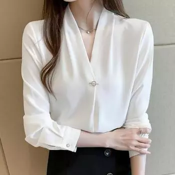 Женская офисная блузка с длинными рукавами больших размеров, однотонные топы 3XL белый