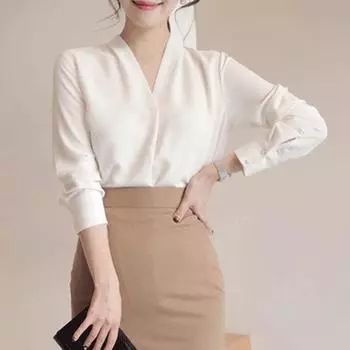 Женская офисная блузка с V-образным вырезом в корейском стиле 2025 года, свободные топы больших размеров, летняя белая рубашка с длинным рукавом, женская однотонная шифоновая блузка 9382 S белый