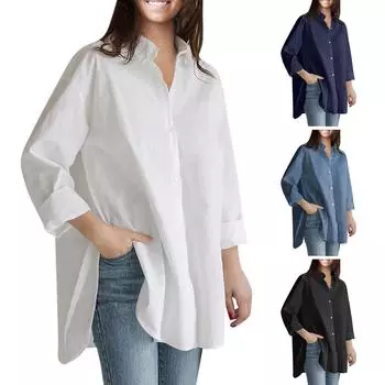 Женская офисная рубашка с длинным рукавом на пуговицах спереди Женская рубашка Свободный повседневный топ XXXL белый