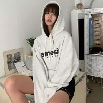 Женская осень и зима плюс бархатный пуловер с капюшоном для студентов с буквенным принтом свободный длинный рукав толстый топ с капюшоном M