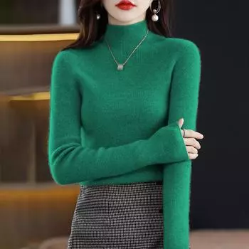 Женская осень-зима 2024, новый стильный пуловер с полуводолазкой и длинными рукавами, тонкий однотонный теплый вязаный низ, рубашка One size
