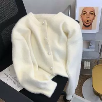 Женская осень зима плюс бархат длинный рукав трикотаж свитер топы блузка кардиган для женщин уличная одежда M бежевый