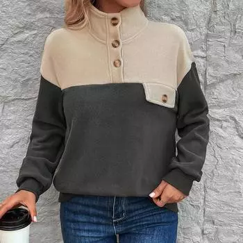 Женская осень-зима с длинным рукавом и воротником-стойкой, цветной блок, пуловер с капюшоном, свитшот, топ S шифер серый
