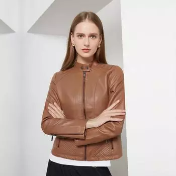 Женская осень-зима с круглым вырезом и длинным рукавом, сплошной цвет, простая тонкая мотоциклетная кожаная куртка из искусственной кожи, S-3XL S кофейный