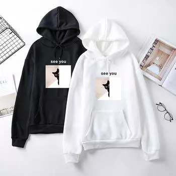 Женская осень-зима See You с симпатичным принтом, толстовка с капюшоном, женская свободная бархатная, большого размера, пуловер с капюшоном L белый