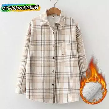Женская осень зима толстый бархат плюс длинный рукав клетчатые рубашки топы блузка модная одежда пальто твидовый пиджак для женщин S белый