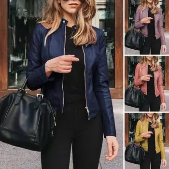 Женская осенне-весенняя куртка из гладкой искусственной кожи, сплошной цвет, на молнии с длинным рукавом, ветрозащитный воротник-стойка, облегающее женское мотоциклетное пальто 2XL темно-синий