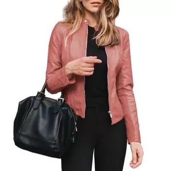 Женская осенне-весенняя куртка из гладкой искусственной кожи, сплошной цвет, на молнии с длинным рукавом, ветрозащитный воротник-стойка, облегающее женское мотоциклетное пальто M розовый