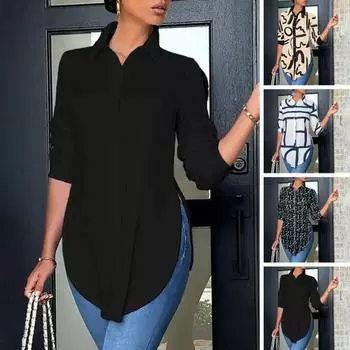 Женская осенне-весенняя рубашка с длинным рукавом, облегающая однобортный кардиган с лацканами и пуговицами, принт OL, стильная блузка средней длины M чёрный