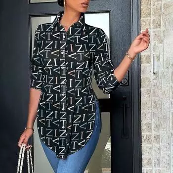 Женская осенне-весенняя рубашка с длинным рукавом, облегающая однобортный кардиган с лацканами и пуговицами, принт OL, стильная блузка средней длины L черный белый