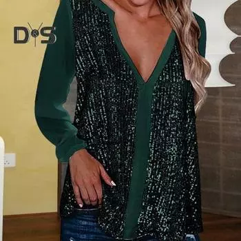 Женская осенне-весенняя рубашка с V-образным вырезом и блестящими пайетками с длинным рукавом, свободный пуловер, мягкий дышащий средней длины, однотонная женская блузка для выступлений, топ M темно-зеленого