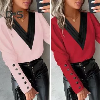 Женская осенне-весенняя рубашка с v-образным вырезом и пуговицами, декор с длинными рукавами, контрастного цвета, мягкий лоскутный пуловер, стильная женская весенняя блузка XL абрикосовый