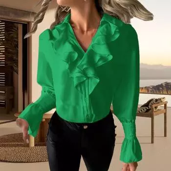 Женская осенне-весенняя рубашка с v-образным вырезом и рюшами и длинными рукавами, однобортная однобортная однобортная рубашка с пышными рукавами OL, женская элегантная блузка в повседневном стиле 2XL белый