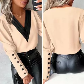 Женская осенне-весенняя рубашка с v-образным вырезом и пуговицами, декор с длинными рукавами, контрастного цвета, мягкий лоскутный пуловер, стильная женская весенняя блузка XL абрикосовый