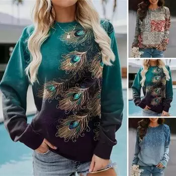 Женская осенне-весенняя толстовка с винтажным принтом перьев, с длинным рукавом и круглым вырезом, свободный пуловер, женский топ, теплая цветная эластичная блузка с манжетами 2XL синий