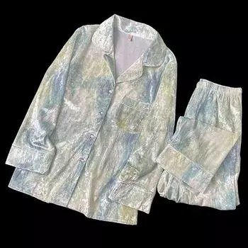 Женская осенне-зимняя бархатная пижама, сексуальный зеленый принт, пижамный брючный костюм, свободная велюровая домашняя одежда, одежда для отдыха M зелёный