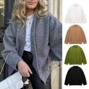 Женская осенне-зимняя бейсбольная куртка с воротником-стойкой, длинным рукавом и потайными пуговицами, повседневная куртка с большими карманами, однотонная куртка, пальто M серый