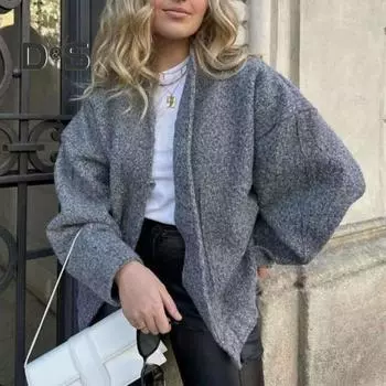 Женская осенне-зимняя бейсбольная куртка с воротником-стойкой, длинным рукавом и потайными пуговицами, повседневная куртка с большими карманами, однотонная куртка, пальто M серый