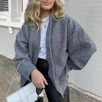 Женская осенне-зимняя бейсбольная куртка с воротником-стойкой, длинным рукавом и потайными пуговицами, повседневная куртка с большими карманами, однотонная куртка, пальто M серый