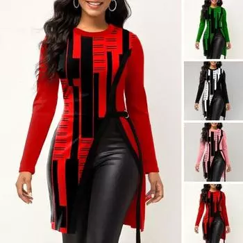 Женская осенне-зимняя блузка с геометрическим принтом, круглым вырезом, длинным рукавом и боковым разрезом, пуловер средней длины, туника, топы, уличная одежда L зелёный