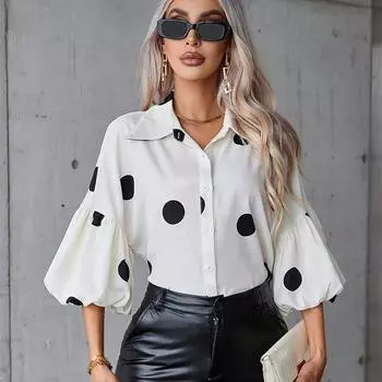 Женская осенне-зимняя блузка с пышными рукавами, лацканами и рукавами три четверти с принтом S