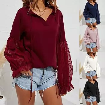 Женская осенне-зимняя блузка с рукавами-фонариками, однотонные топы с V-образным вырезом, кружевные рубашки с длинными рукавами S чёрный