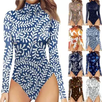 Женская осенне-зимняя цельная футболка с длинным рукавом и полувысоким воротом, винтажный боди с принтом на Хэллоуин L синий