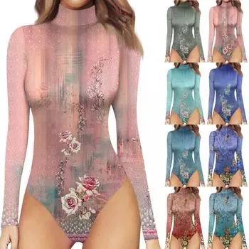 Женская осенне-зимняя цельная футболка с длинным рукавом и полувысоким воротом, боди с винтажным принтом L армия зеленый