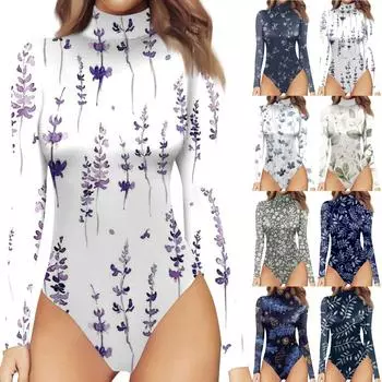 Женская осенне-зимняя цельная футболка с длинным рукавом и полувысоким воротом, боди с винтажным принтом XL темно-синий