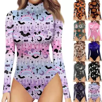 Женская осенне-зимняя цельная футболка с длинным рукавом и полувысоким воротом, винтажный боди с принтом на Хэллоуин XXL