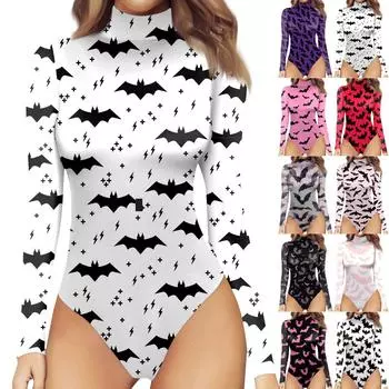 Женская осенне-зимняя цельная футболка с длинным рукавом и полувысоким воротом, винтажный боди с принтом на Хэллоуин XL