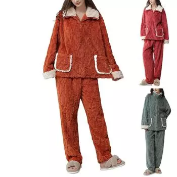 Женская осенне-зимняя домашняя одежда, удобная хлопковая бархатная пижама, теплый и удобный пижамный комплект с отворотами L зелёный