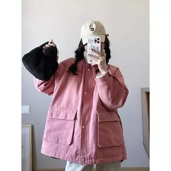 Женская осенне-зимняя джинсовая куртка с длинным рукавом и воротником-стойкой, пушистая повседневная шикарная куртка, свободная куртка на молнии L бордовый