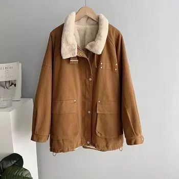 Женская осенне-зимняя джинсовая куртка с длинным рукавом и воротником-стойкой, пушистая повседневная шикарная куртка, свободная куртка на молнии M коричневый