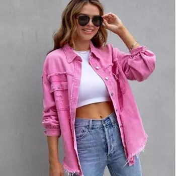 Женская осенне-зимняя джинсовая куртка. Женский повседневный топ с длинными рукавами и лацканами. S оранжевый