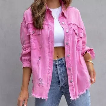 Женская осенне-зимняя джинсовая куртка. Женский повседневный топ с длинными рукавами и лацканами. S красный