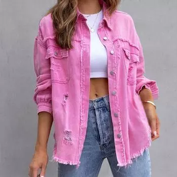 Женская осенне-зимняя джинсовая куртка. Женский повседневный топ с длинными рукавами и лацканами. S розовый