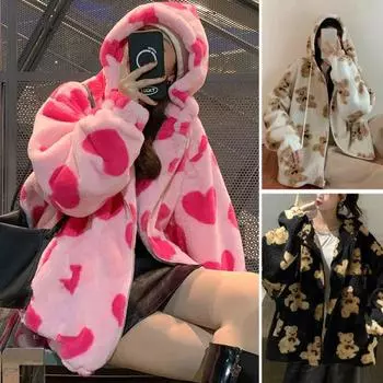 Женская осенне-зимняя флисовая куртка с капюшоном и карманами на молнии с длинными рукавами, плюшевая толстовка, пальто, верхняя одежда с принтом сердца и медведя S чёрный