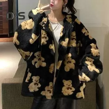 Женская осенне-зимняя флисовая куртка с капюшоном и завязками, карманами с длинными рукавами и молнией, плюшевая толстовка, пальто, верхняя одежда с принтом сердца и медведя S чёрный