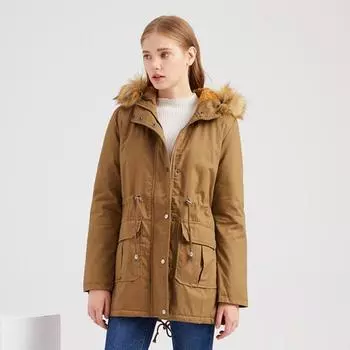 Женская осенне-зимняя флисовая куртка с меховым воротником и капюшоном, однотонная, с длинными рукавами, на шнурке, шикарная теплая куртка, S-3XL S чёрный