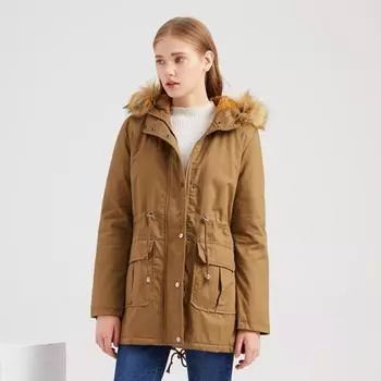 Женская осенне-зимняя флисовая куртка с меховым воротником и капюшоном, однотонная, с длинными рукавами, на шнурке, шикарная теплая куртка, S-3XL S хаки